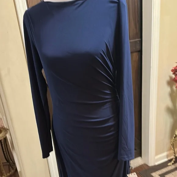 Elegant Navy Blue Long Sleeve Dress - Picture 2 of 16